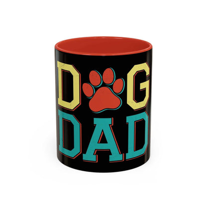 Dog Dad accent coffee mug with a colorful interior and paw design, 11oz or 15oz sizes, white ceramic.