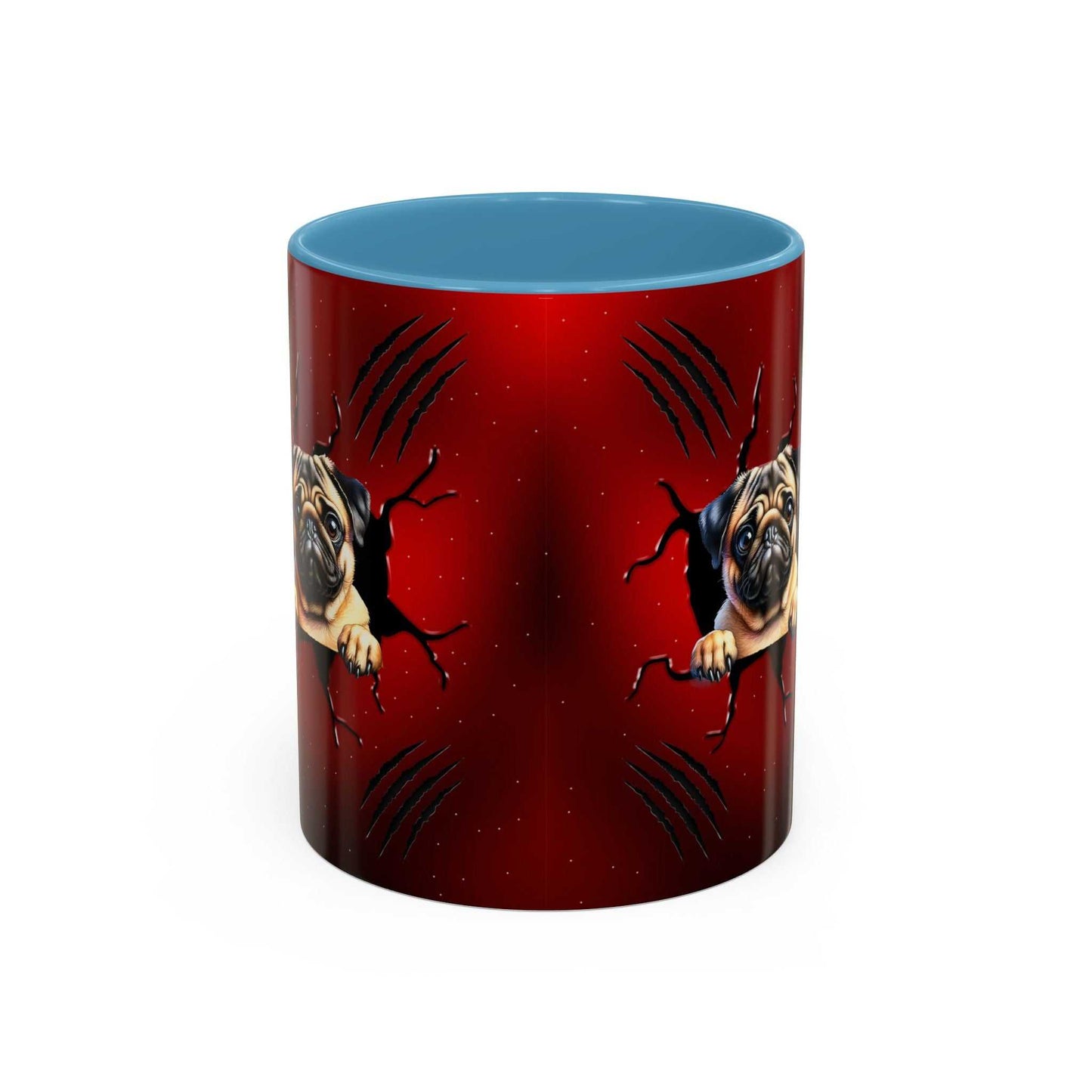 Accent coffee mug 11-15 oz with glossy red finish and blue interior, featuring pug design and C-shaped handle.
