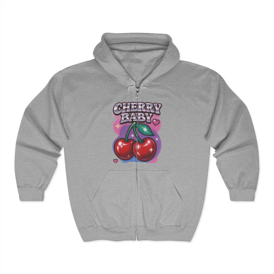 Cherry Baby Zip Hoodie, Cute Hooded Sweatshirt, Trendy Pullover, Pastel Cherry Design, Gift for Fruit Lovers, Sweet Fashion Layer