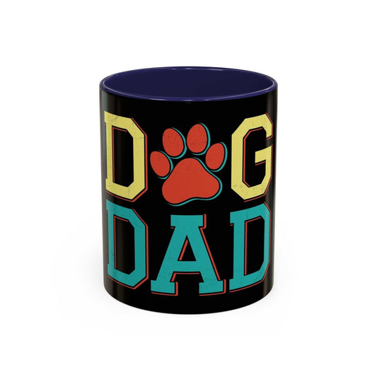 Accent Coffee Mug 11oz with "Dog Dad" design, glossy black exterior, colorful text and paw print, blue interior.
