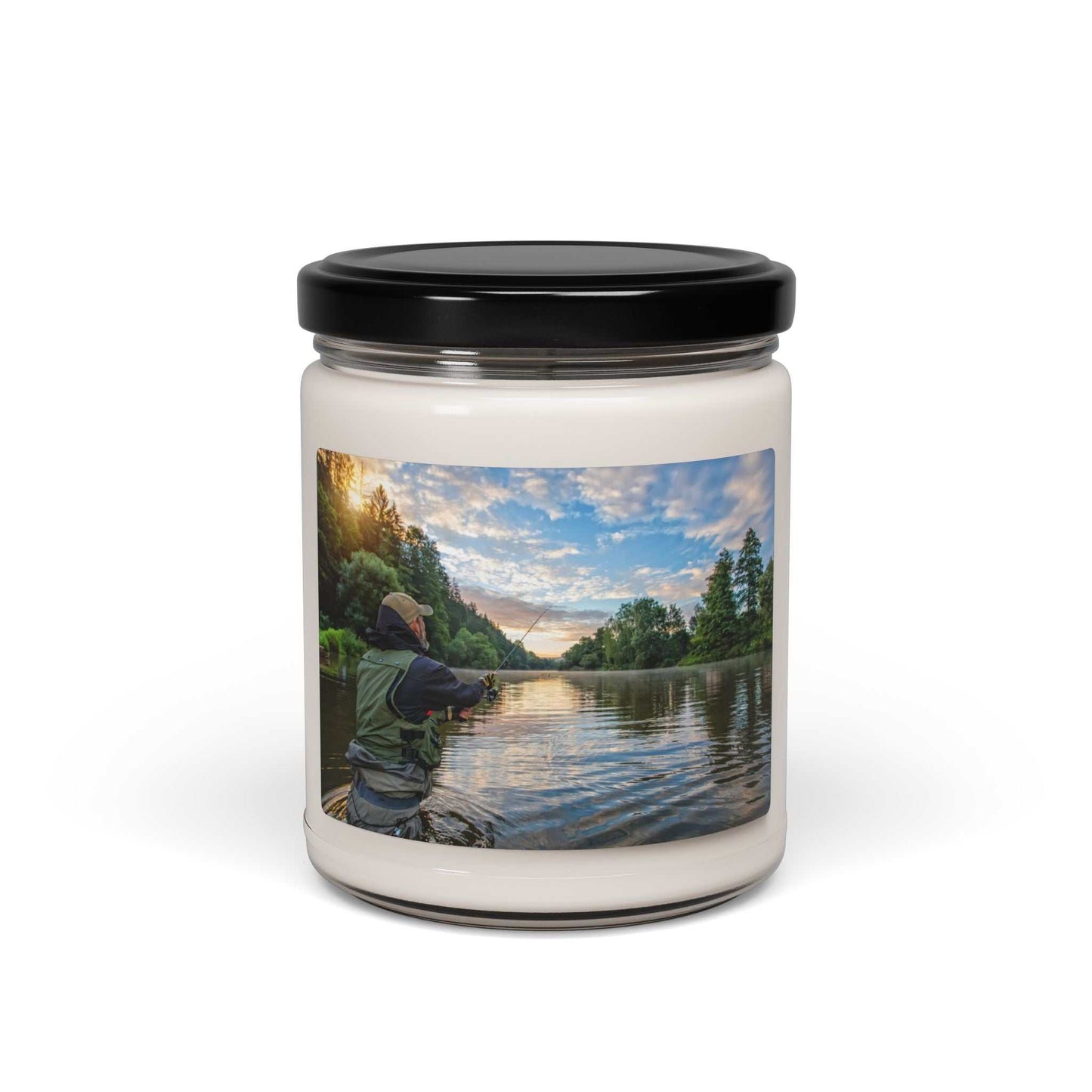 Scented soy candle 9 oz in glass jar with fishing scene label.