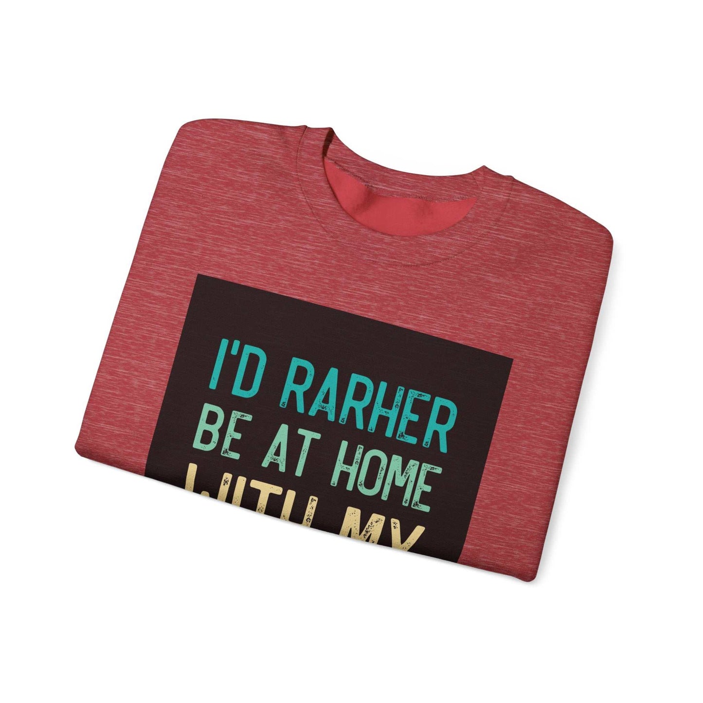 Unisex Heavy Blend™ Crewneck Sweatshirt folded with text graphic, ideal for comfort and style.