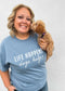 Comfort Wash Graphic Tee in saltwater blue with "Life Happens Dogs Help" print.