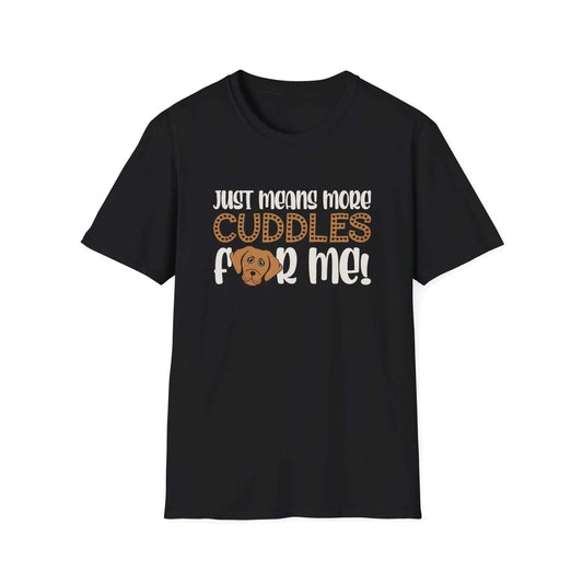 Black "Cuddles For Me Tee" with playful puppy graphic, perfect for dog lovers seeking comfort and style.