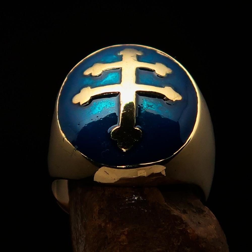 Excellent crafted oval domed Men's blue Cross Lorraine Ring - solid - Toddcraft