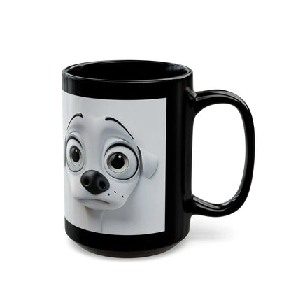 Sarcastic Dog Face 3D Mug with lifelike dog print on black ceramic.