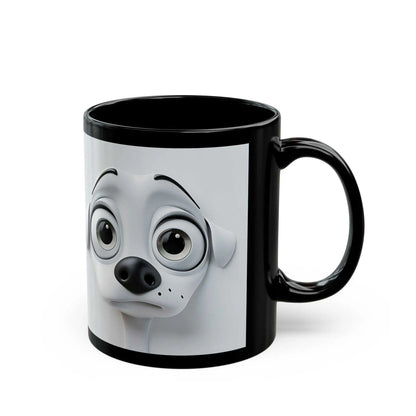 Sarcastic Dog Face 3D Mug with playful expression on black ceramic background.