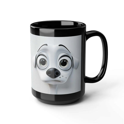 Sarcastic Dog Face 3D Mug with lifelike canine print on black ceramic.