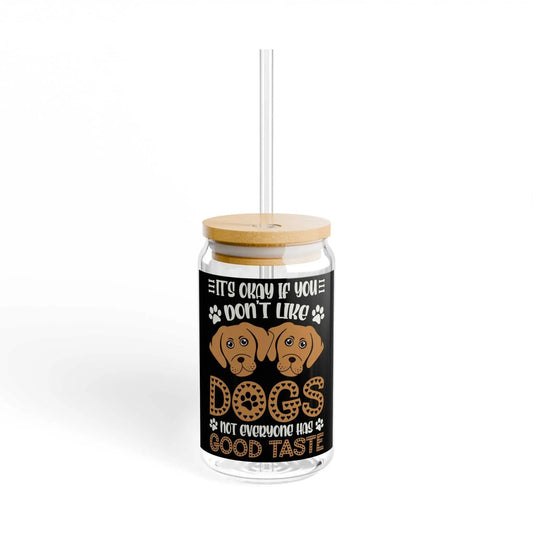 Sipper Glass 16oz with bamboo lid and straw, featuring a dog-themed design.