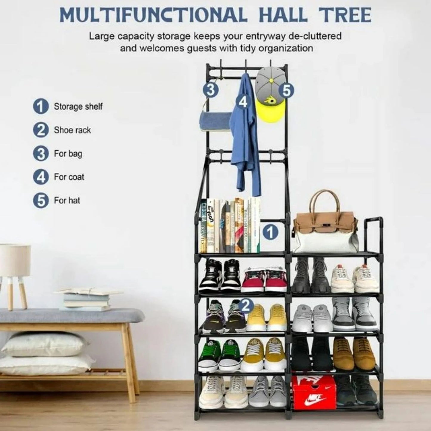 5-Tier Shoe Rack Shoe Storage Organizer, Freestanding Coat And Shoe