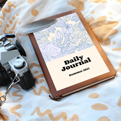 Daily Journal with floral design on vegan leather cover, featuring "Summer 2025" text, ideal for daily reflections and personal reminders.