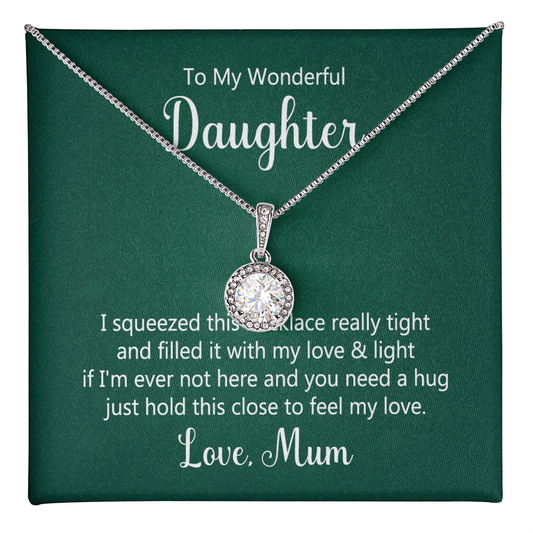 Eternal Hope Necklace with cubic zirconia crystal on message card for daughter from mom.