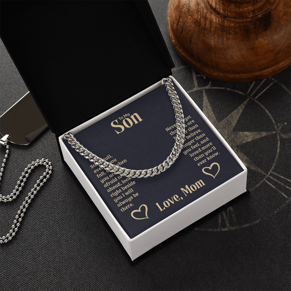 Cuban Link chain gift for son from mother in elegant box.