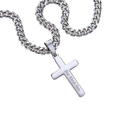 artisan cross necklace on cuban link chain with personalization option