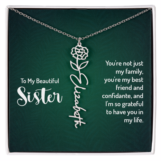 Personalized sister necklace with floral design and customizable name.