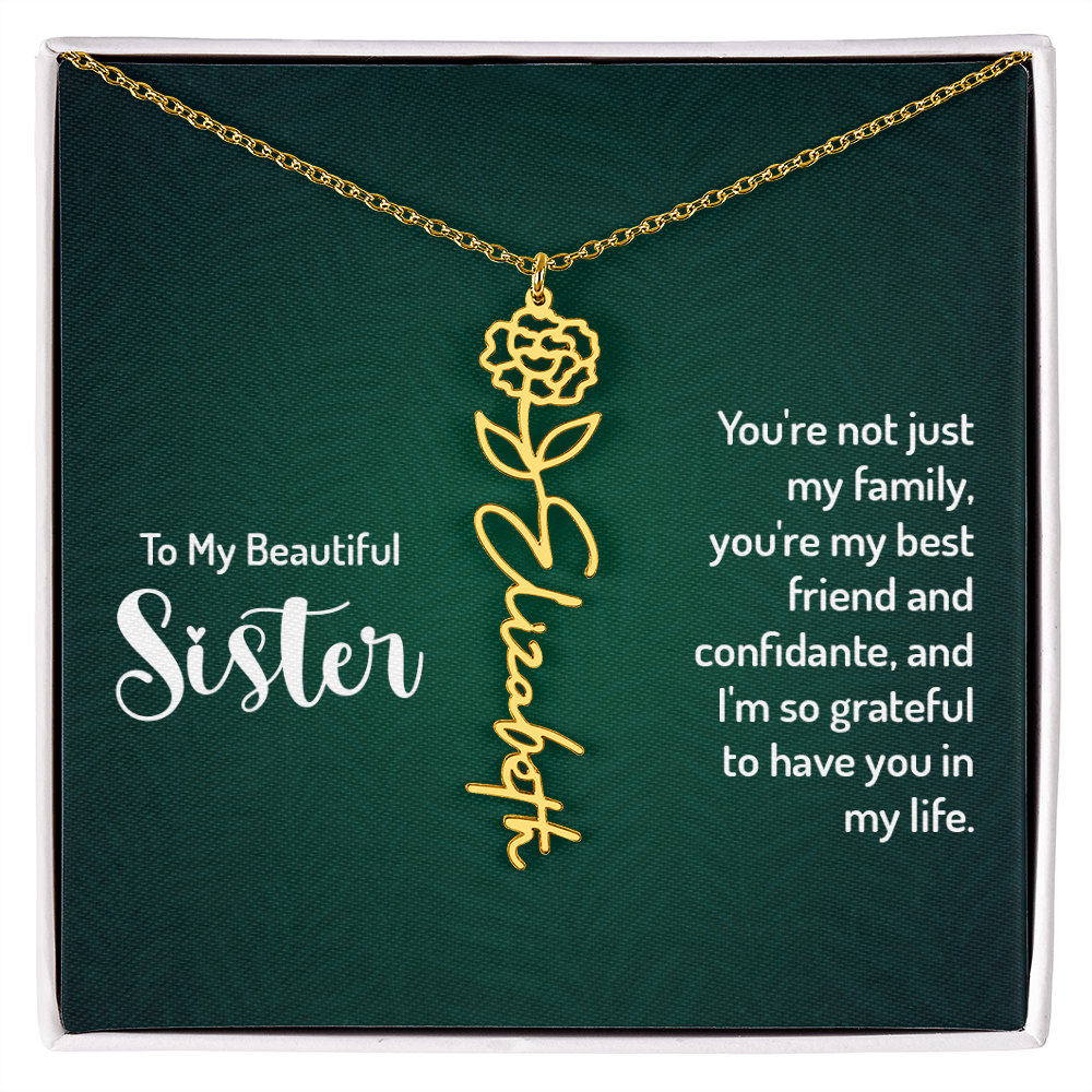 Personalized Sister Necklace with floral design and customizable name, gift from brother or loved ones.