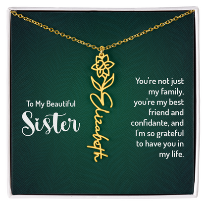 Personalized sister necklace with floral design and custom name engraving, a thoughtful gift from brother or loved ones.