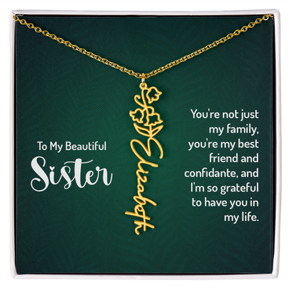 Personalized sister necklace with floral design and custom name engraving, gift for special occasions.