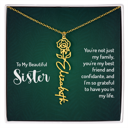Personalized sister necklace with floral design and message from brother.