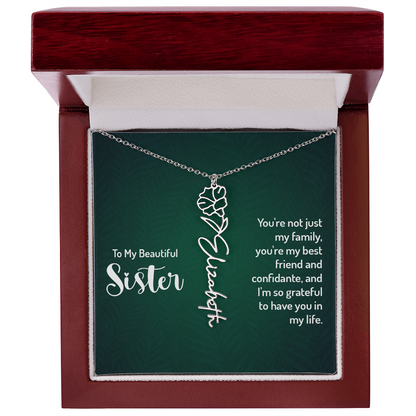 Personalized Sister Necklace in gift box with floral design and heartfelt message.