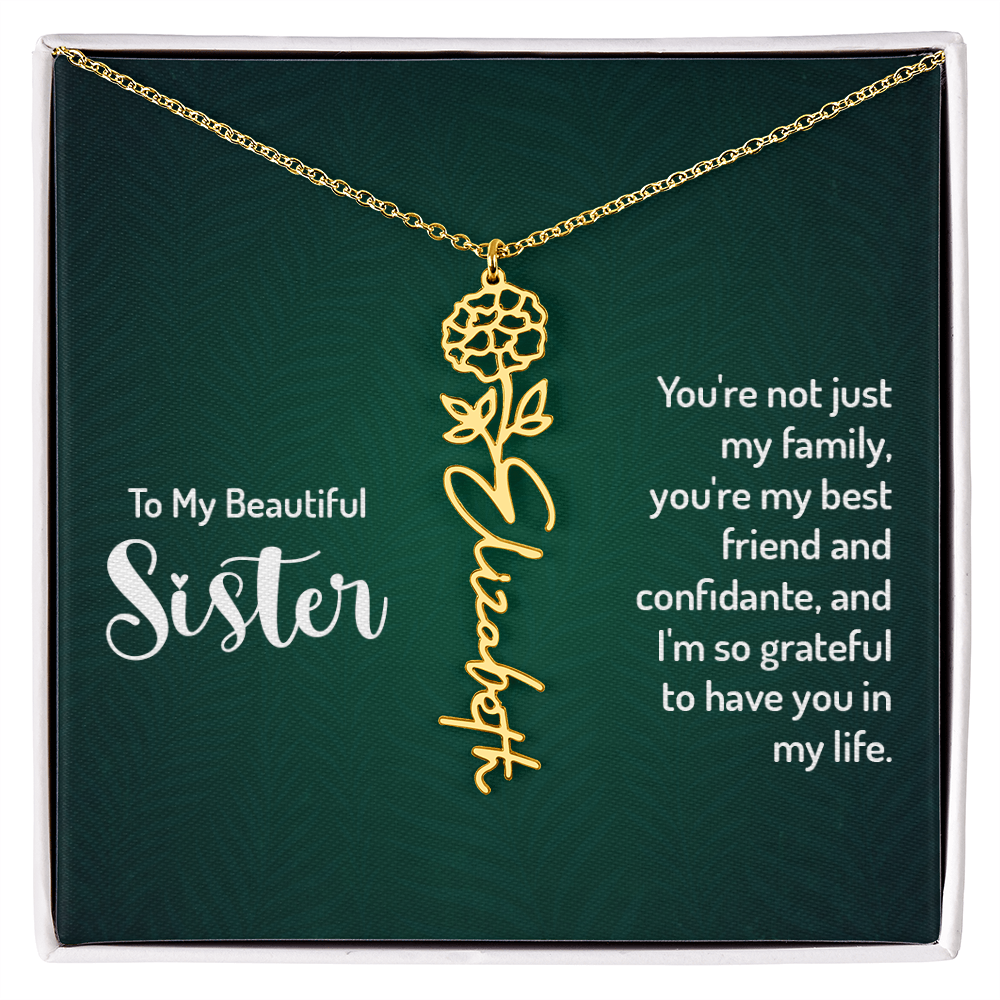 Personalized sister necklace with floral design in gold finish, featured in a gift box with a heartfelt message.