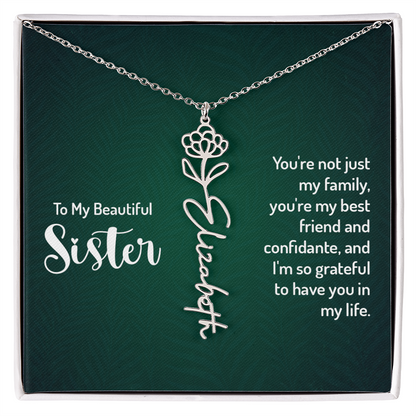 Personalized sister necklace with floral design, a heartfelt gift from brother or loved ones.