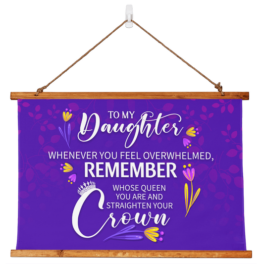 Wood framed wall tapestry with motivational daughter message in purple design.