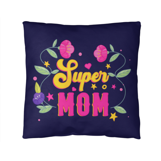 Super Mom Indoor Outdoor Pillow with floral design on a navy background.