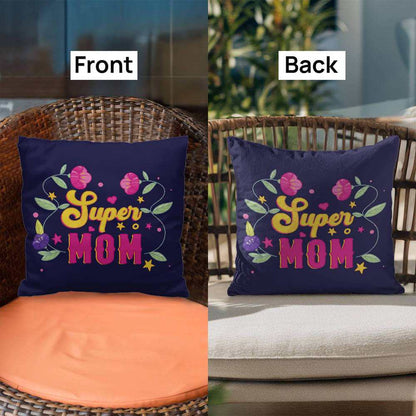 Super Mom Indoor Outdoor Pillow with floral design on a chair, showcasing front and back views.