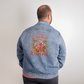 Men's DTG Denim Jacket with custom retirement plan riding design on the back.