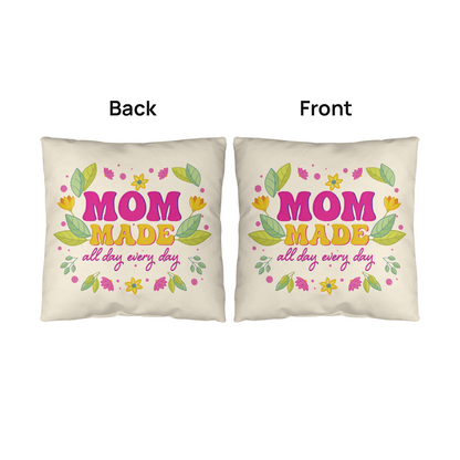 Mom made indoor outdoor pillows with floral design, perfect for cozy settings, resistant to water and mildew.