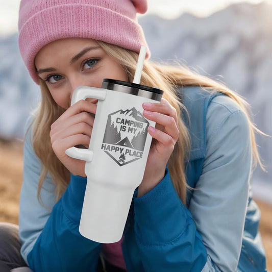 Camping Is My Happy Place 40 oz laser engraved tumbler Great gift for the campers and outdoorsman people in your life