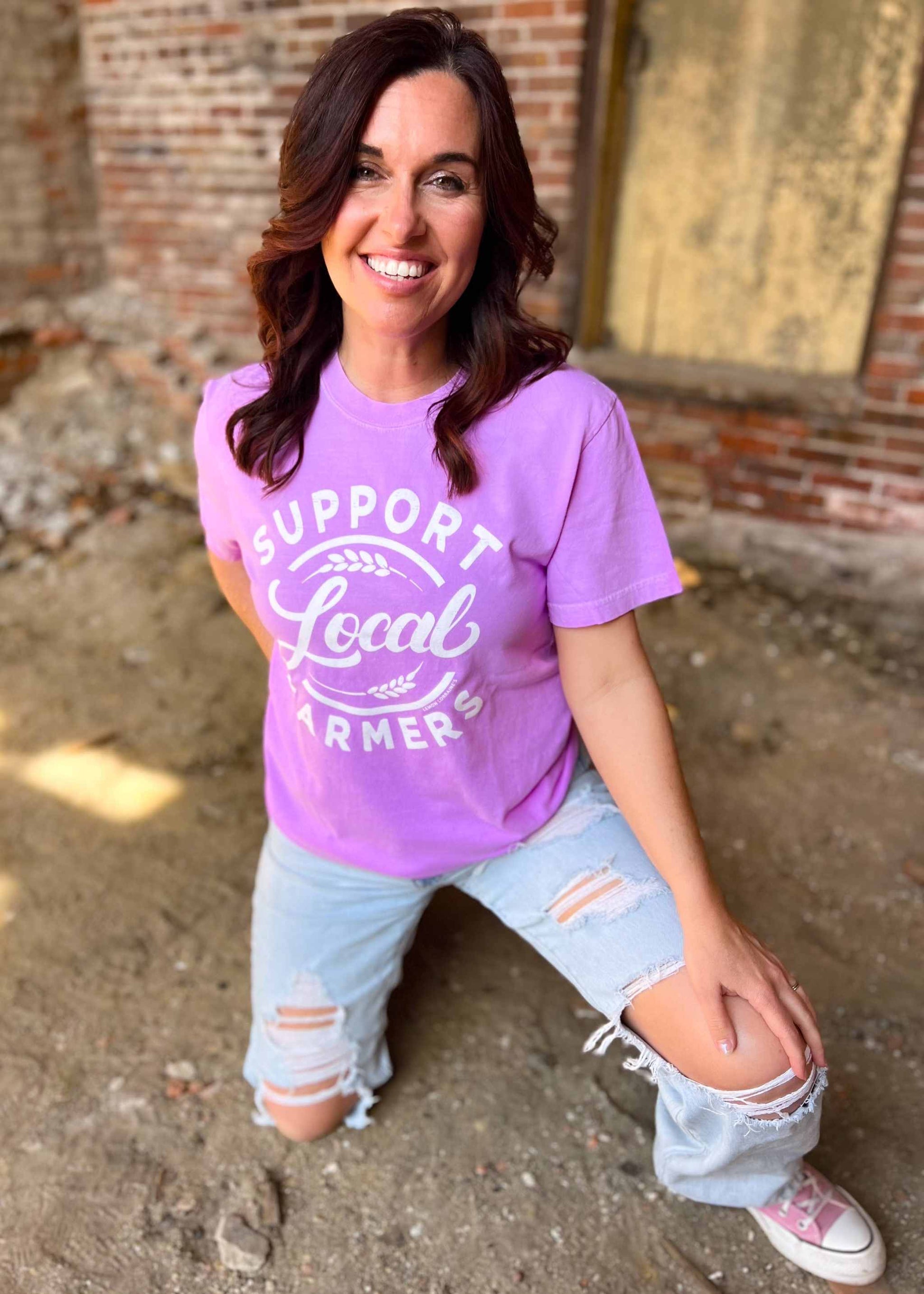 Neon violet SUPPORT LOCAL FARMERS graphic tee, unisex relaxed fit, 100% ring spun cotton.