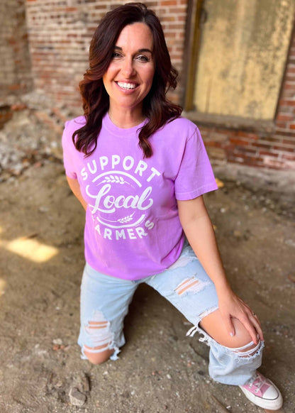 Neon violet SUPPORT LOCAL FARMERS graphic tee, unisex relaxed fit, 100% ring spun cotton.