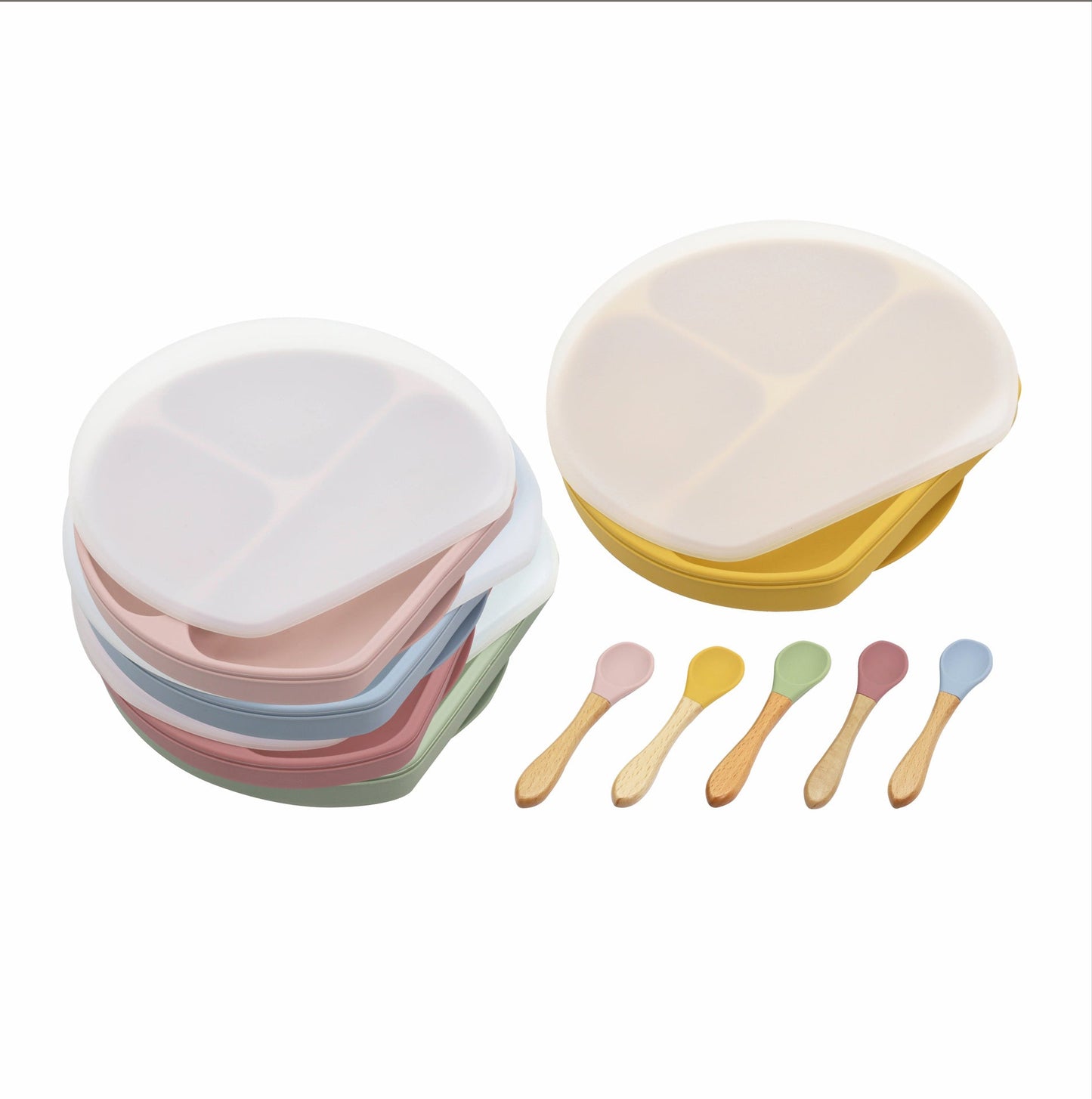 Baby Silicone Compartment Plate With Wooden Spoon - Toddcraft