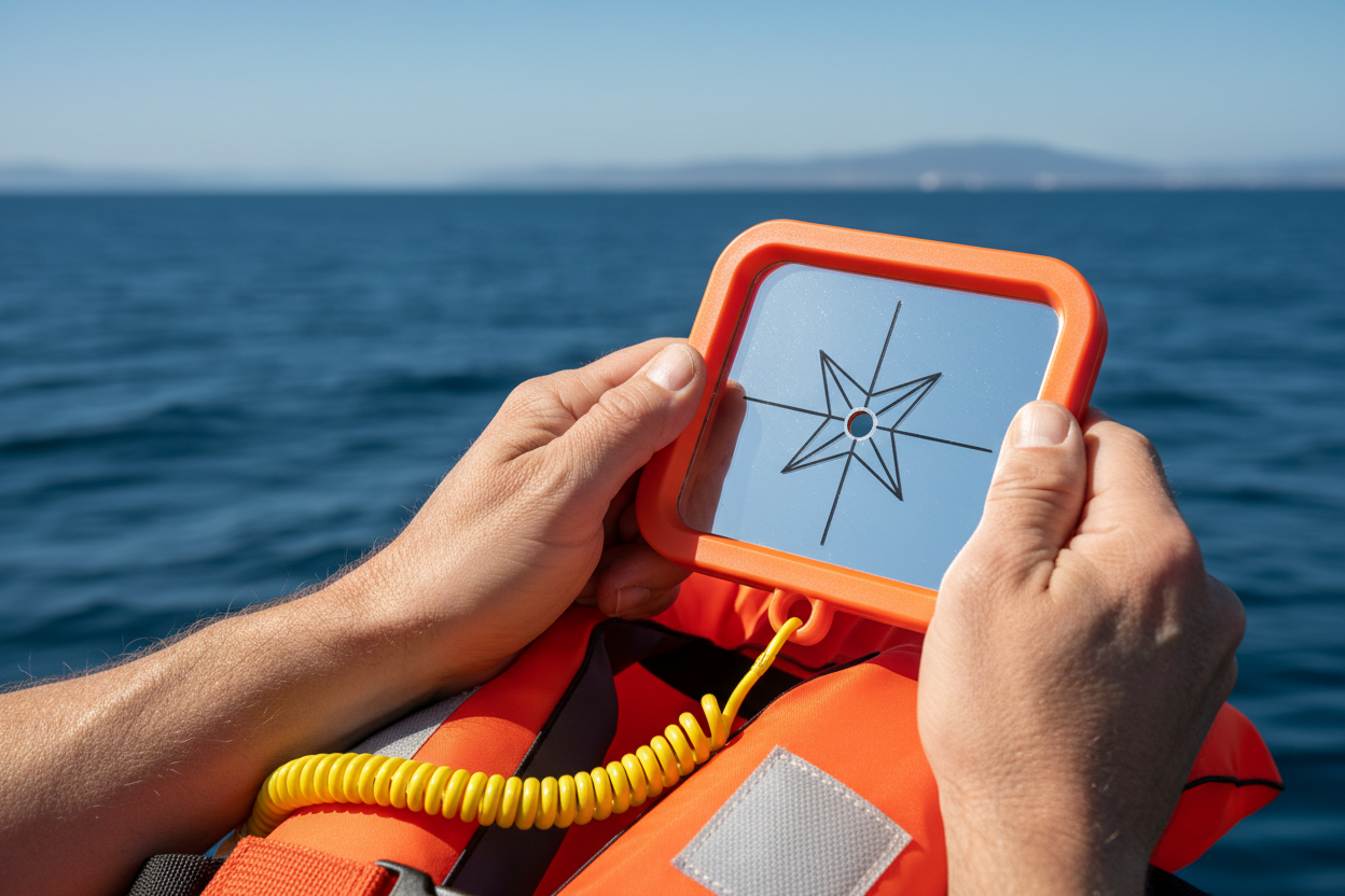 Close-up of signal mirror attached to life jacket