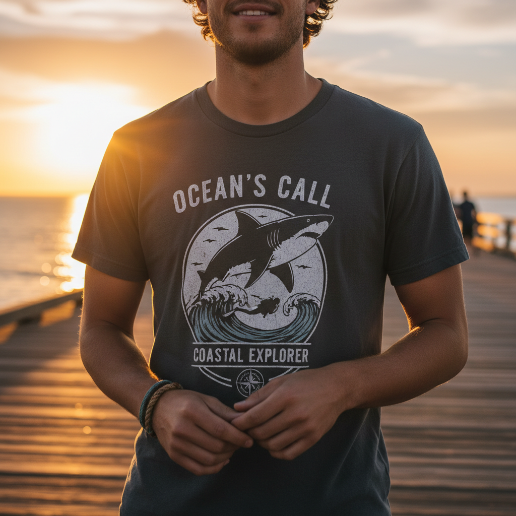 Close-up shark tee at sunset pier