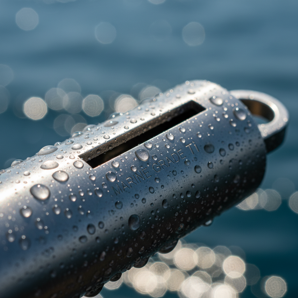 Close-up titanium whistle with water droplets