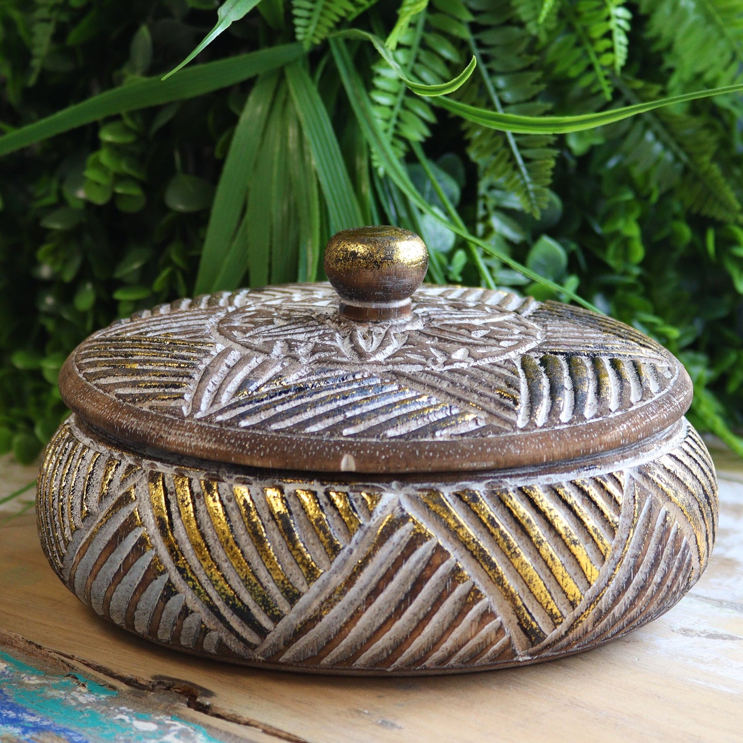 Round Wooden Gold & Natural Trinket Jewellery Box - Toddcraft