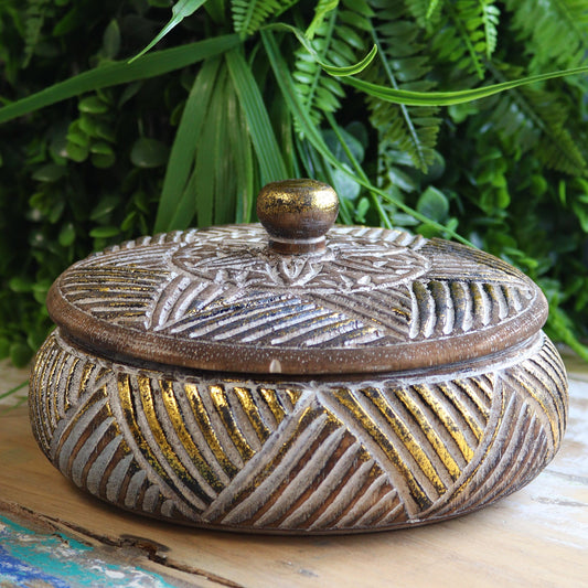 Round Wooden Gold & Natural Trinket Jewellery Box - Toddcraft