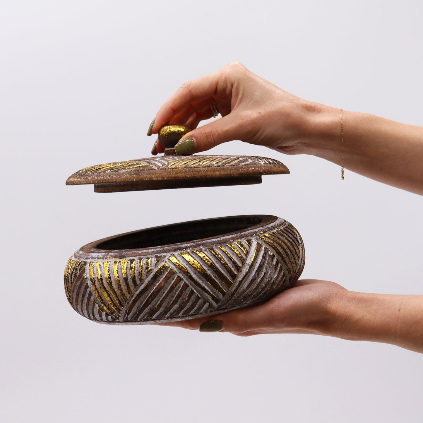 Round Wooden Gold & Natural Trinket Jewellery Box - Toddcraft