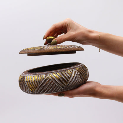 Round Wooden Gold & Natural Trinket Jewellery Box - Toddcraft