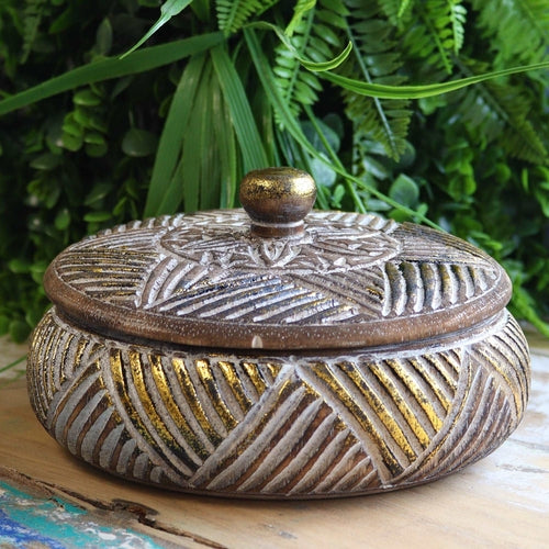 Round Wooden Gold & Natural Trinket Jewellery Box - Toddcraft