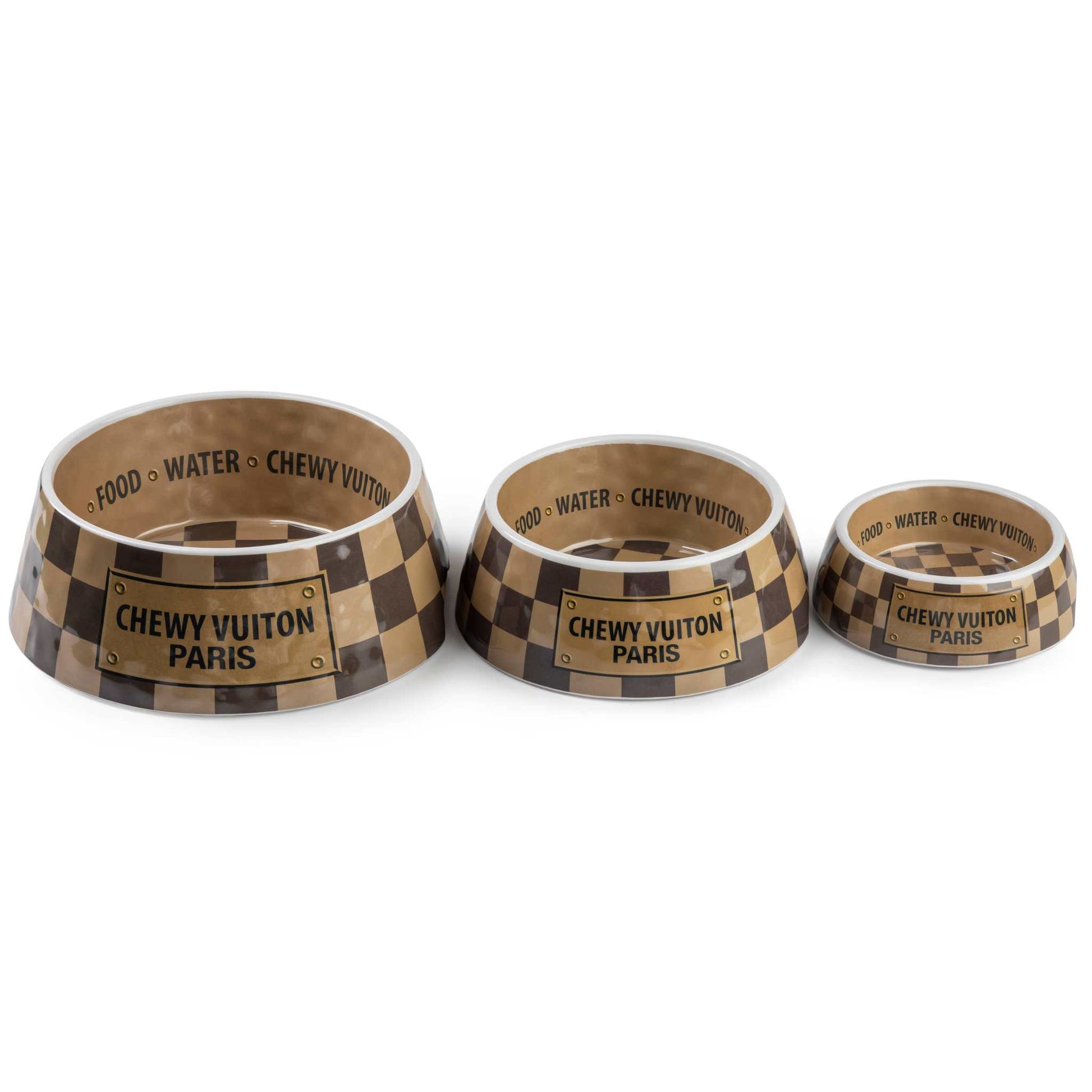 Checker Chewy Vuiton Bowl in three sizes with stylish pattern and non-skid bottom.