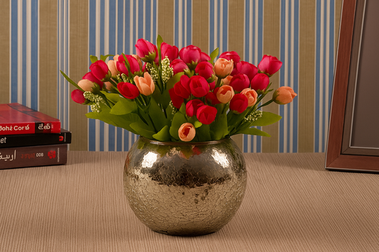 Decorative Round Glass Vase with Artificial Rose Bouquet