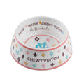 White Chewy Vuiton dog bowl with chic design and melamine construction.