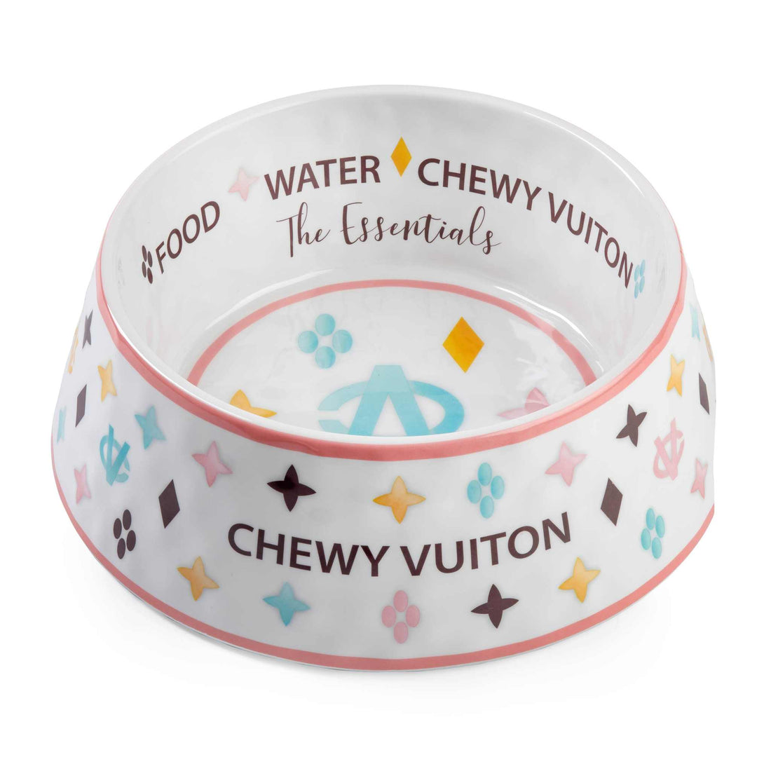 White Chewy Vuiton dog bowls in three sizes with colorful pattern and non-skid bottom.