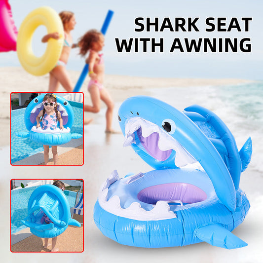 Inflatable Shark Swimming Ring for Kids with Sun Awning - Pool Float
