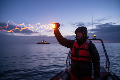 Diver holding bright LED signal light at twilight