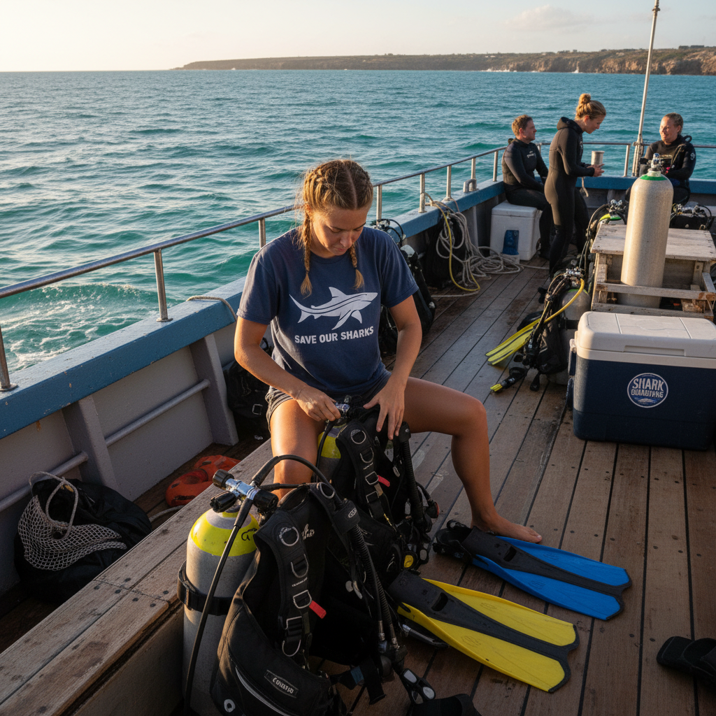 Diver in shark tee on dive boat